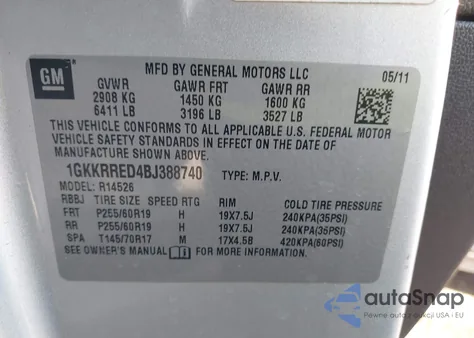 2011 GMC Acadia Slt-1 z USA, uszkodzony, nr VIN 1GKKRRED4BJ388740